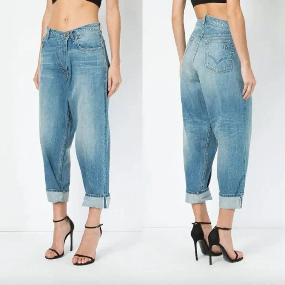 Monse light wash blue indigo denim criss cross Deconstructed Boyfriend Jeans